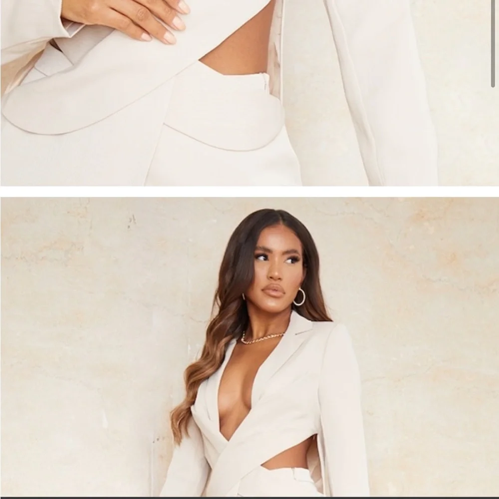 PRETTY LITTLE THING Stone Woven Tailored Cut Out Waist Wrap Over Blazer size 12 - Picture 5 of 5